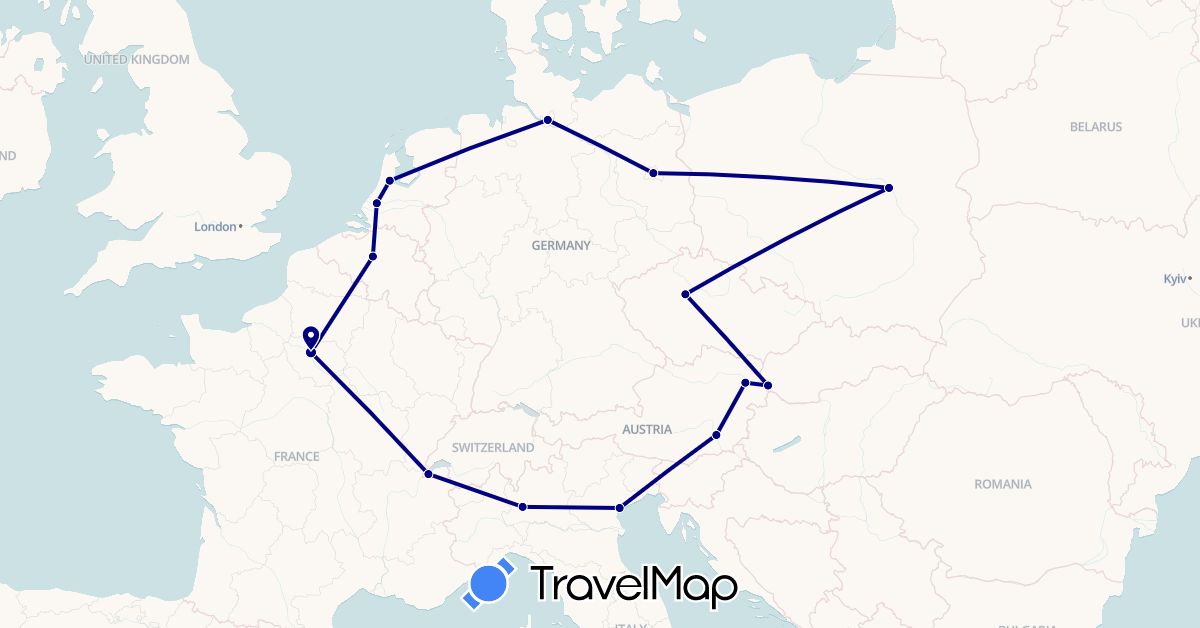 TravelMap itinerary: driving in Austria, Belgium, Switzerland, Czech Republic, Germany, France, Italy, Netherlands, Poland, Slovakia (Europe)